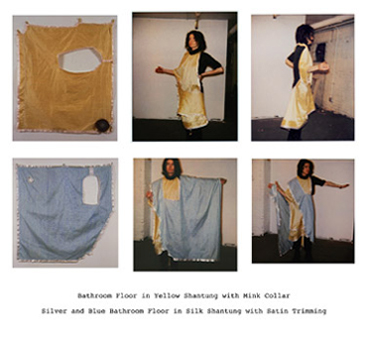 "Silver and Blue Bathroom Floor in Silk Shantung with Satin Trimming and Bathroom Floor in Yellow Shantung with Mink Collar;"